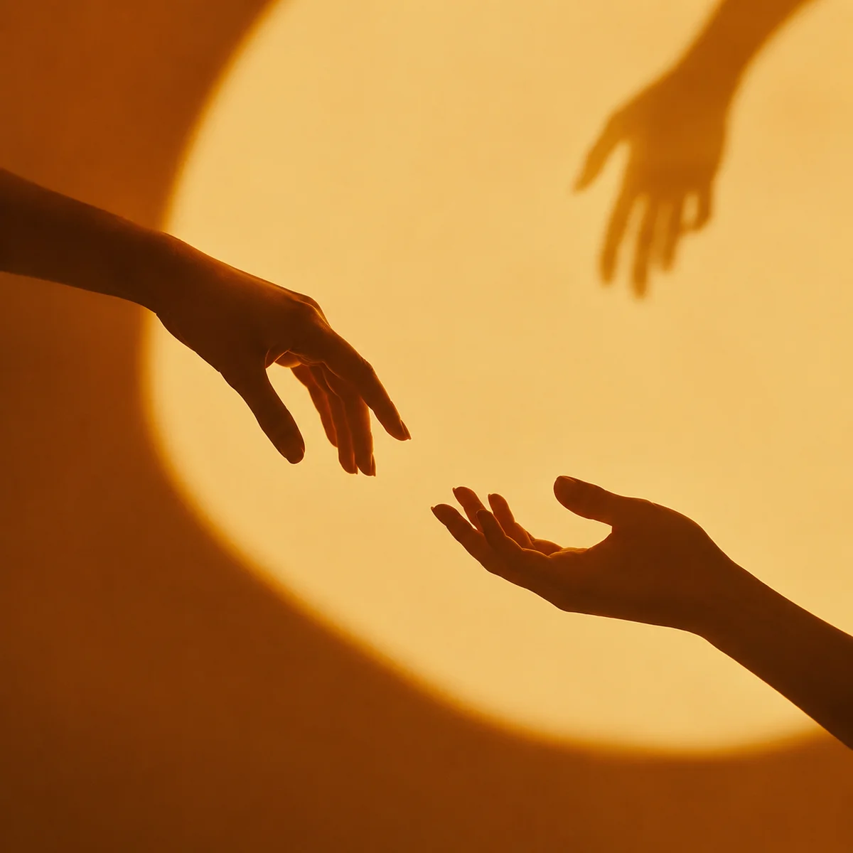 A warm duotone illustration of two hands reaching toward each other but not quite touching, with a third hand visible in the background, representing the gap in connection