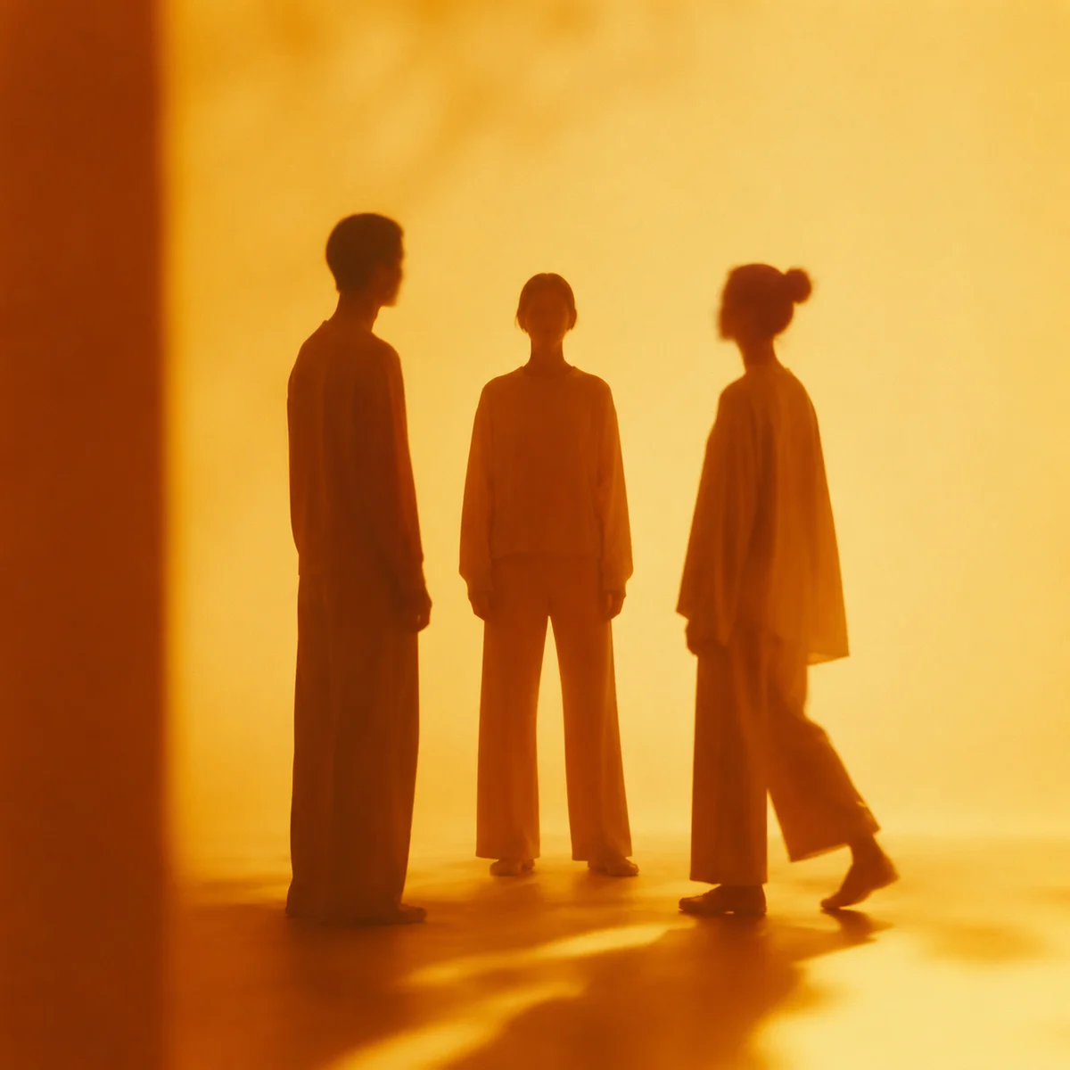Three abstract figures in warm duotone colors, standing in a loose circle, with one figure slightly stepping forward to rejoin the group, representing reconnection