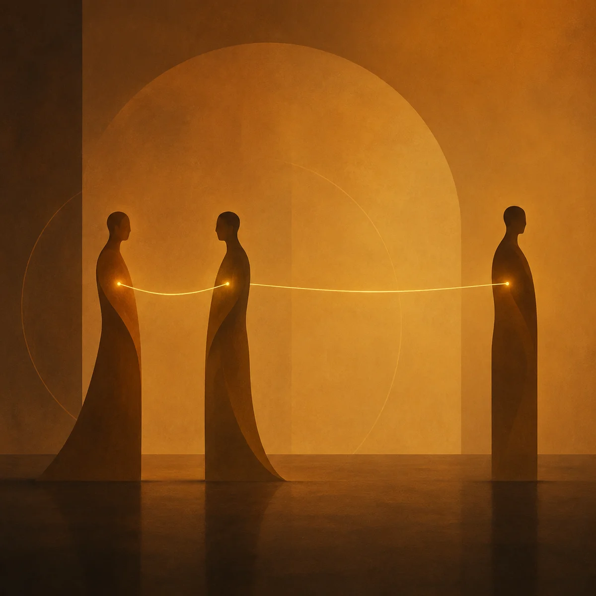 A warm duotone composition showing two figures facing each other with a third figure standing apart, all connected by a thin line of light, representing the boundary between natural imbalance and genuine exclusion