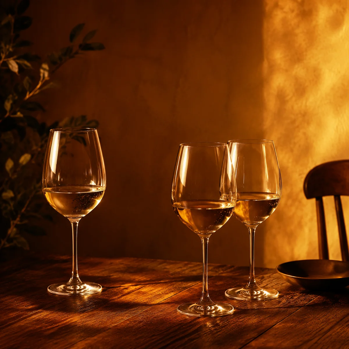 Warm duotone rendering of three wine glasses on a table, two close together and one slightly apart, but all on the same surface, symbolizing a low-stakes first meeting dynamic