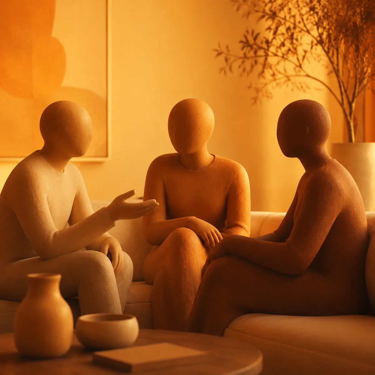 Soft warm duotone image of three abstract figures sitting together on a couch, facing each other in conversation, representing open communication after a difficult experience