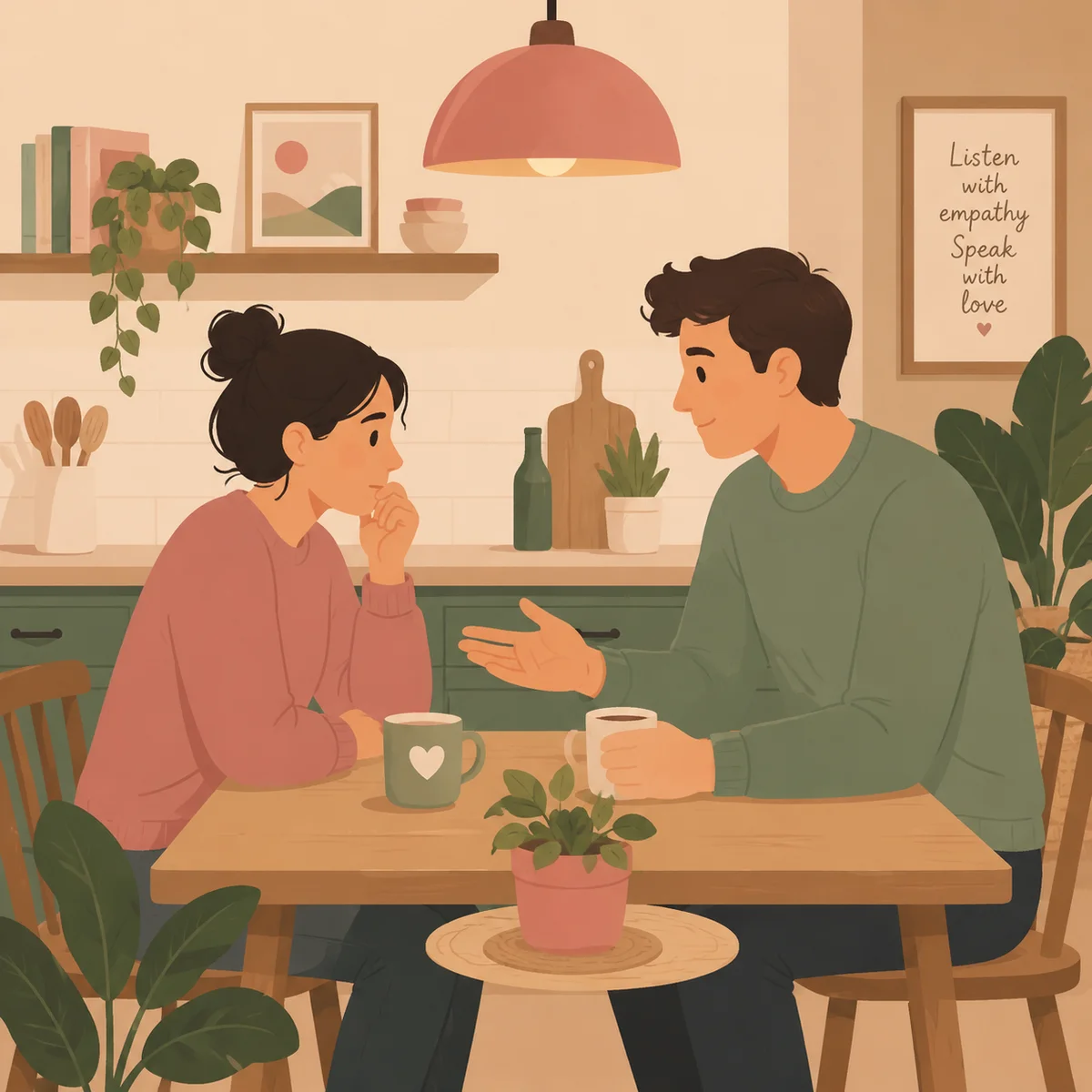 Couple having a calm conversation about relationship experience differences, illustrated in flat vector style with soft pastel colors