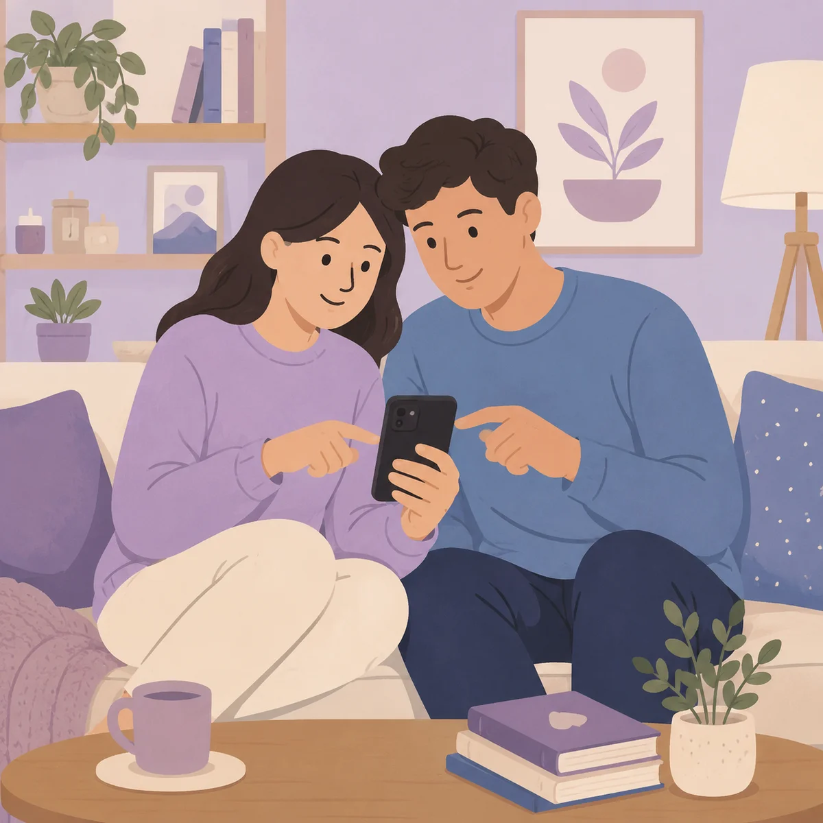 Two people looking at a phone screen together, choosing a third partner as equals, flat vector illustration with soft tones