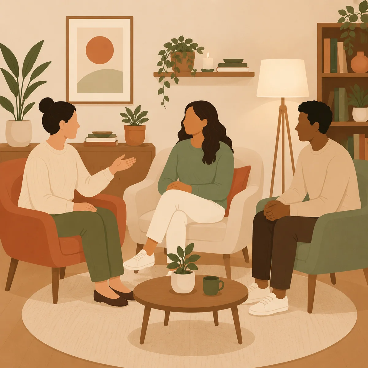 Three people in a relaxed setting with one person checking in non-verbally, illustrated in flat vector style with warm colors