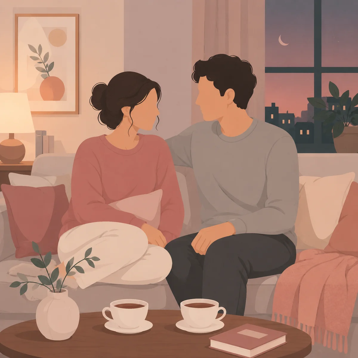 A couple reconnecting after an experience, sitting together quietly with tea, flat vector illustration with gentle pastel tones