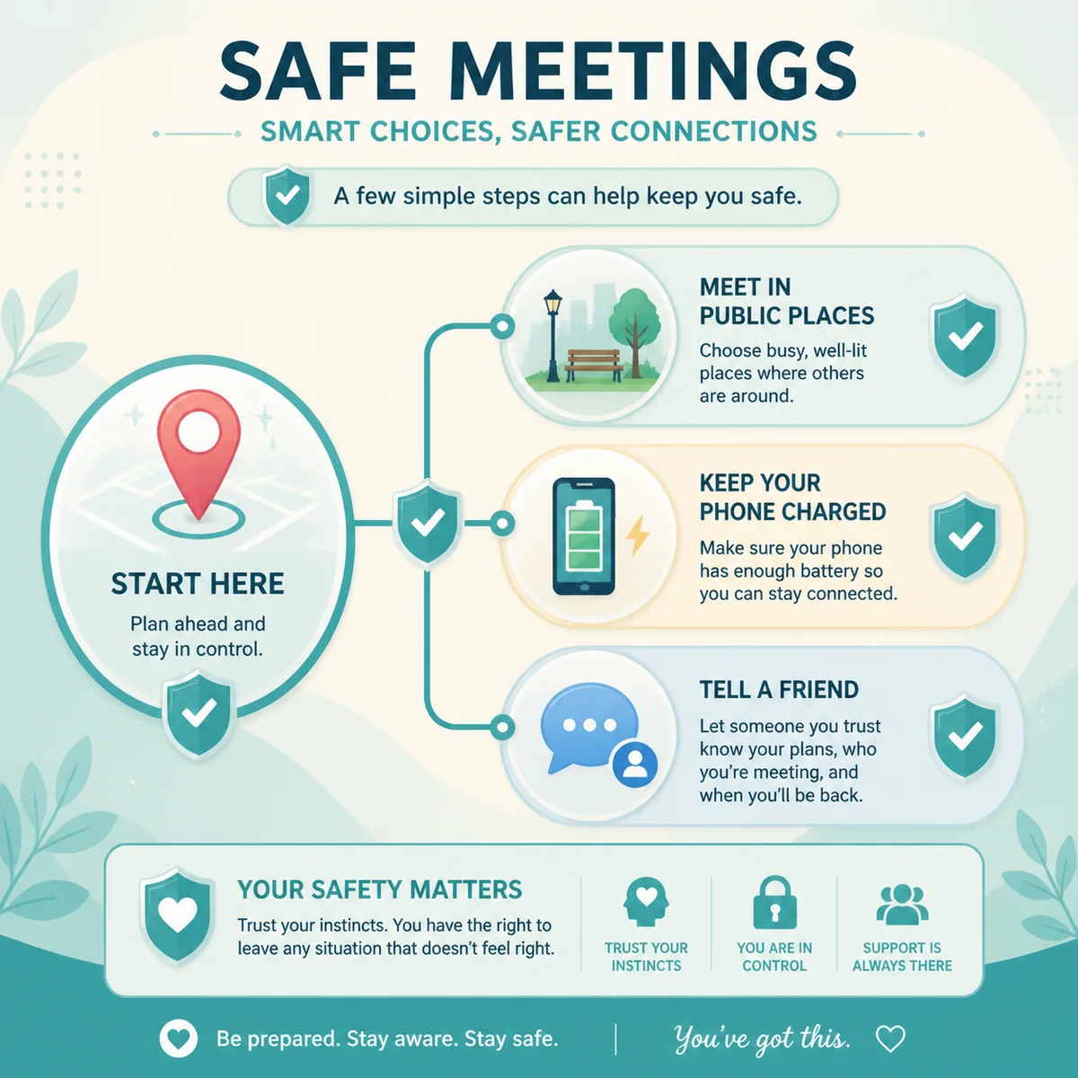 Infographic chart - safe first meeting planning checklist with map pin, phone battery, and notification icons connected by shield symbols for third partner verification safety