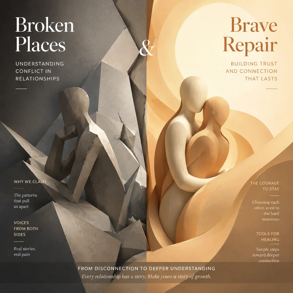 Split-composition editorial image contrasting emotional tension and resolution in relationship dynamics