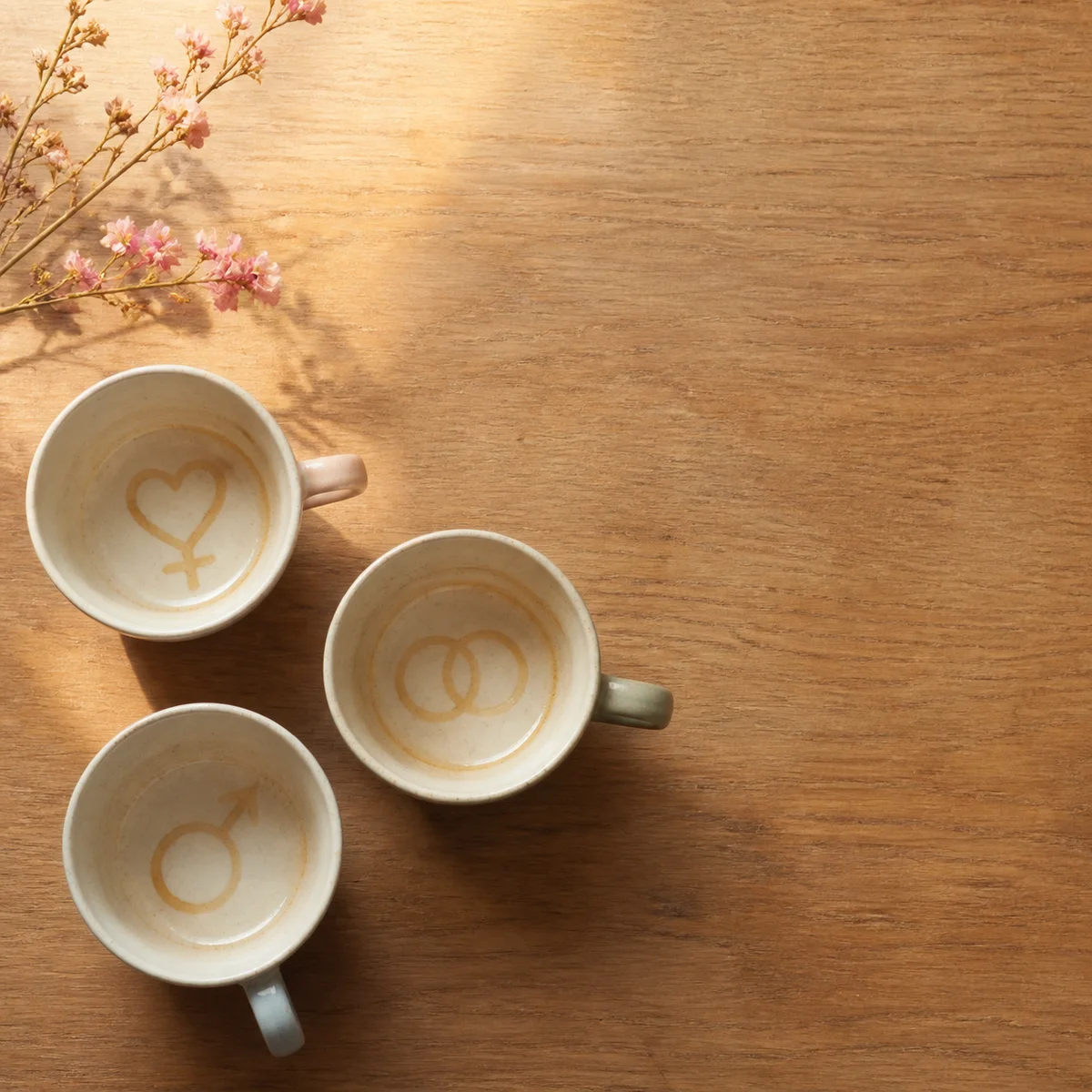 Overhead composition of three coffee cups on a warm wooden table symbolizing equal presence