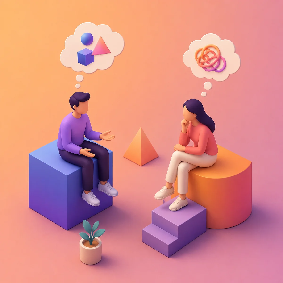 Two abstract figures on geometric blocks facing each other with thought bubbles, isometric illustration