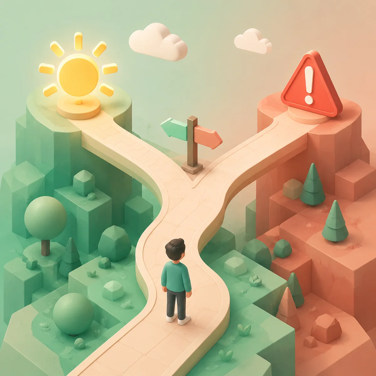 Winding path branching into two directions with different symbols, isometric illustration
