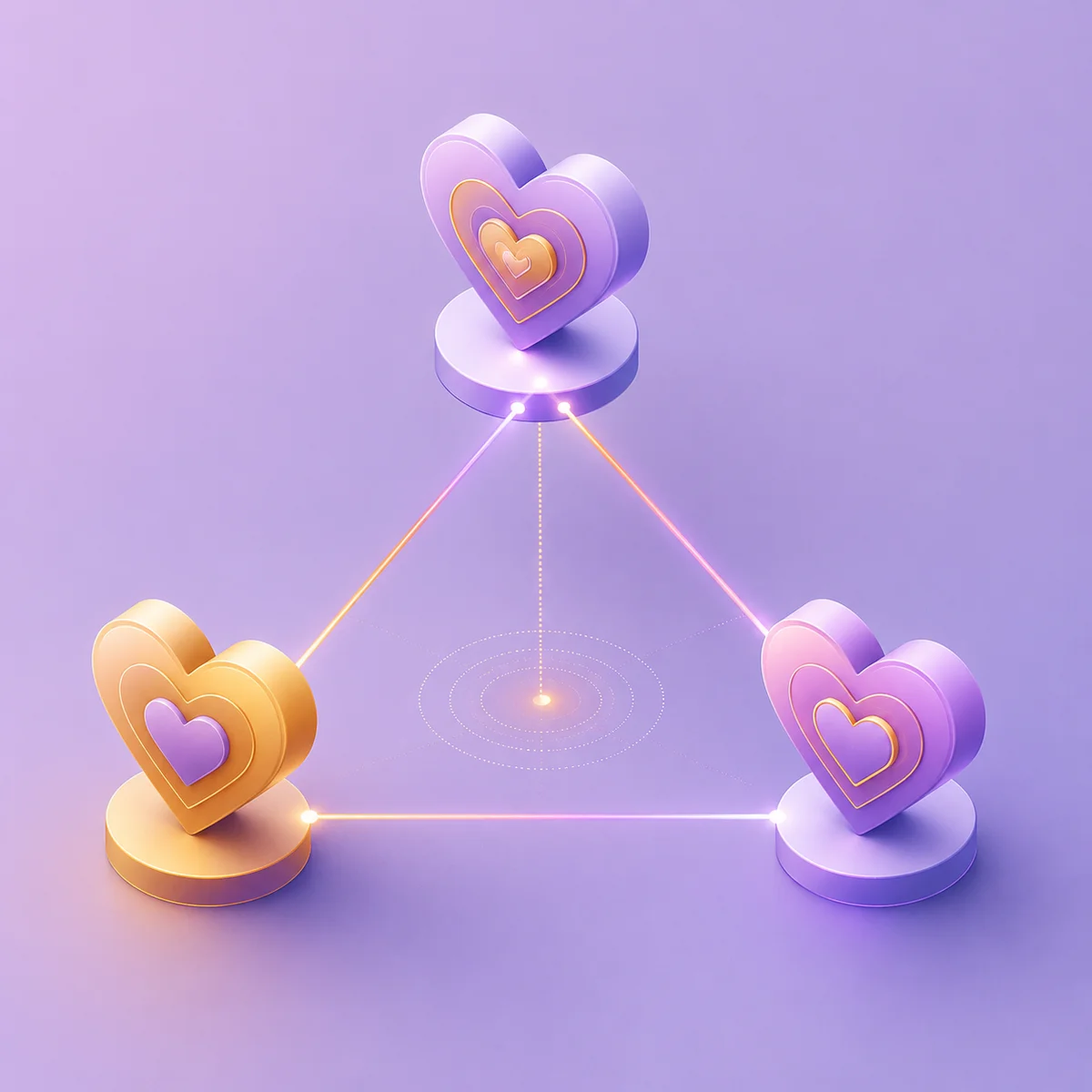 Three abstract heart shapes connected in a stable triangle formation, isometric illustration