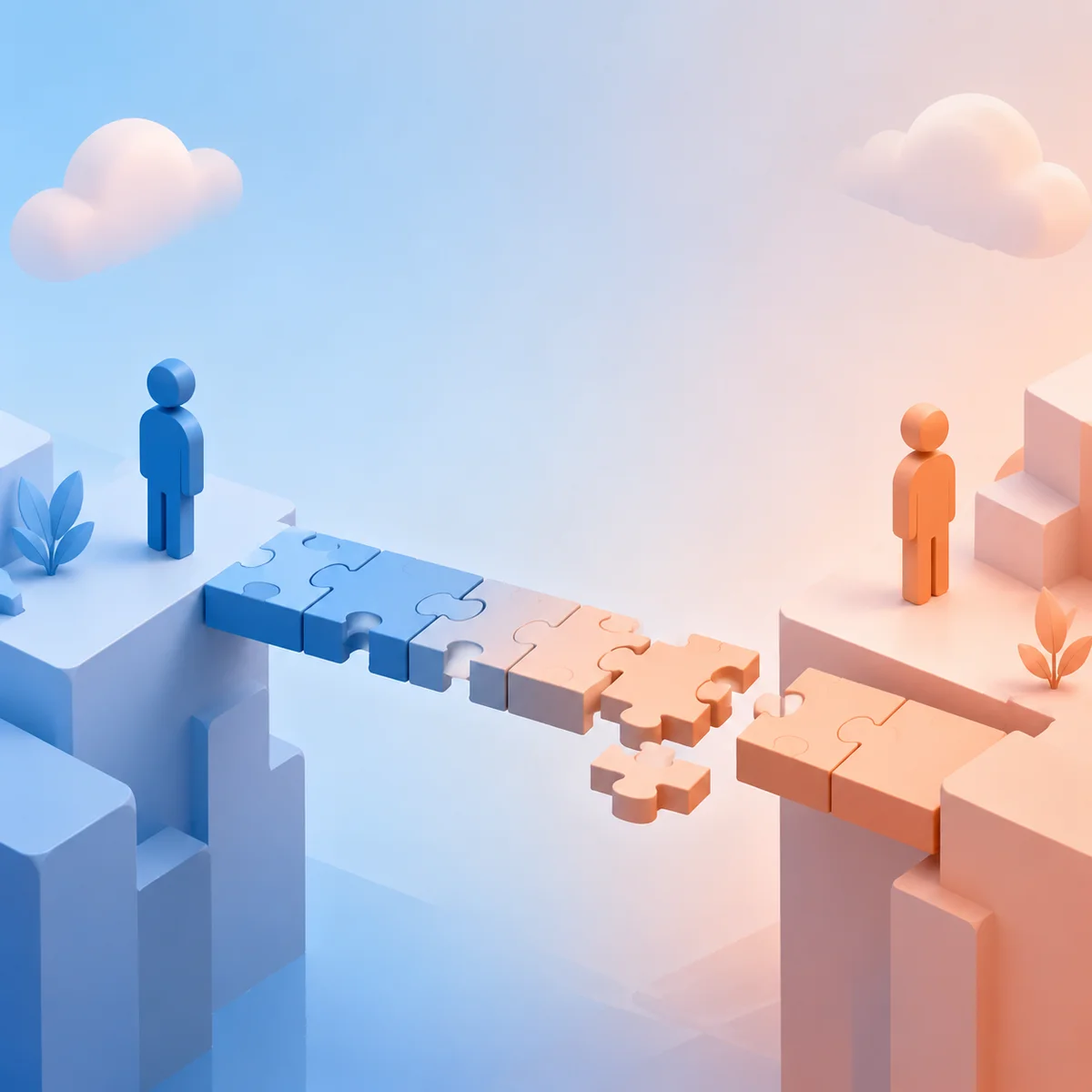 Two figures on opposite sides of a puzzle-piece bridge, isometric illustration
