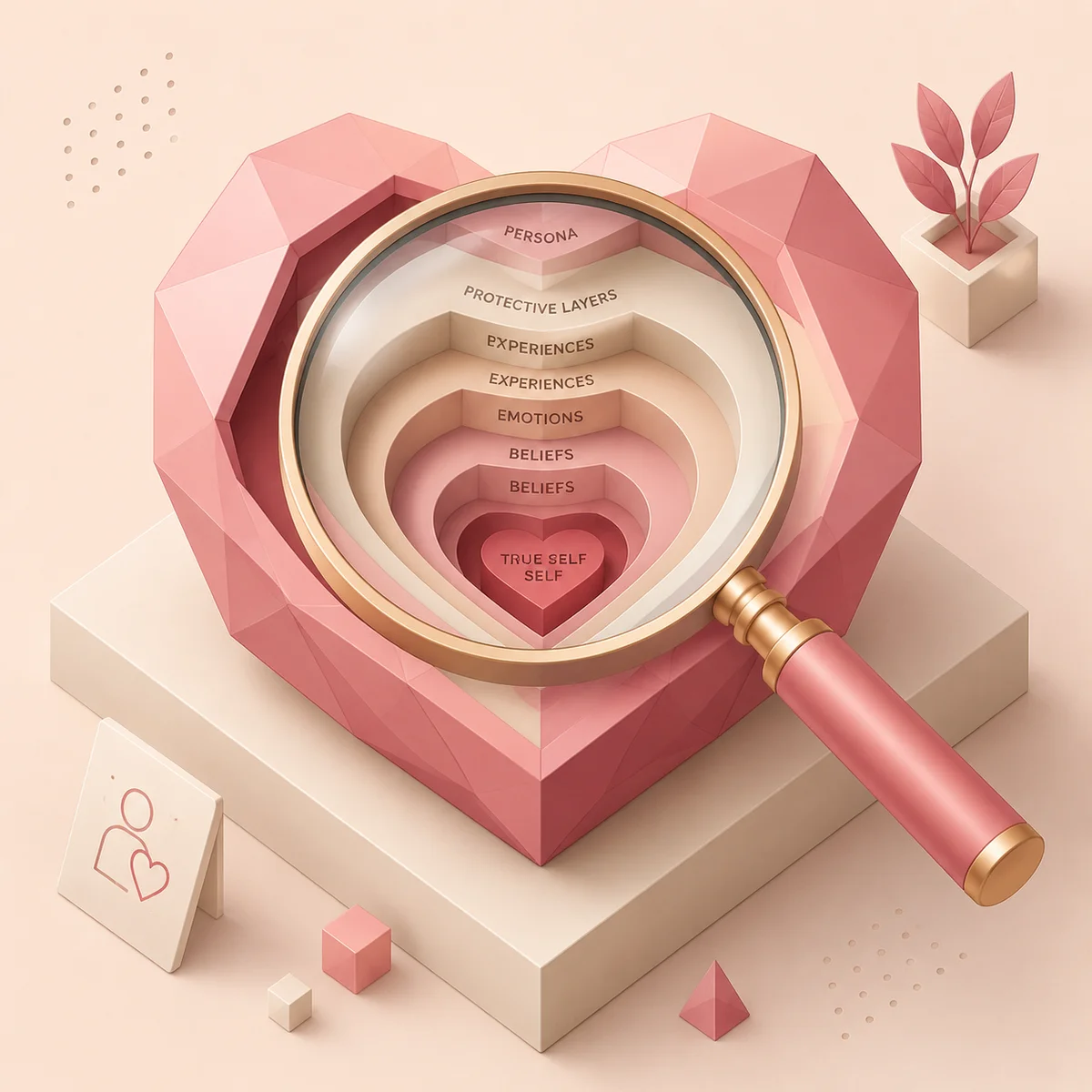 Magnifying glass examining a layered geometric heart, isometric illustration