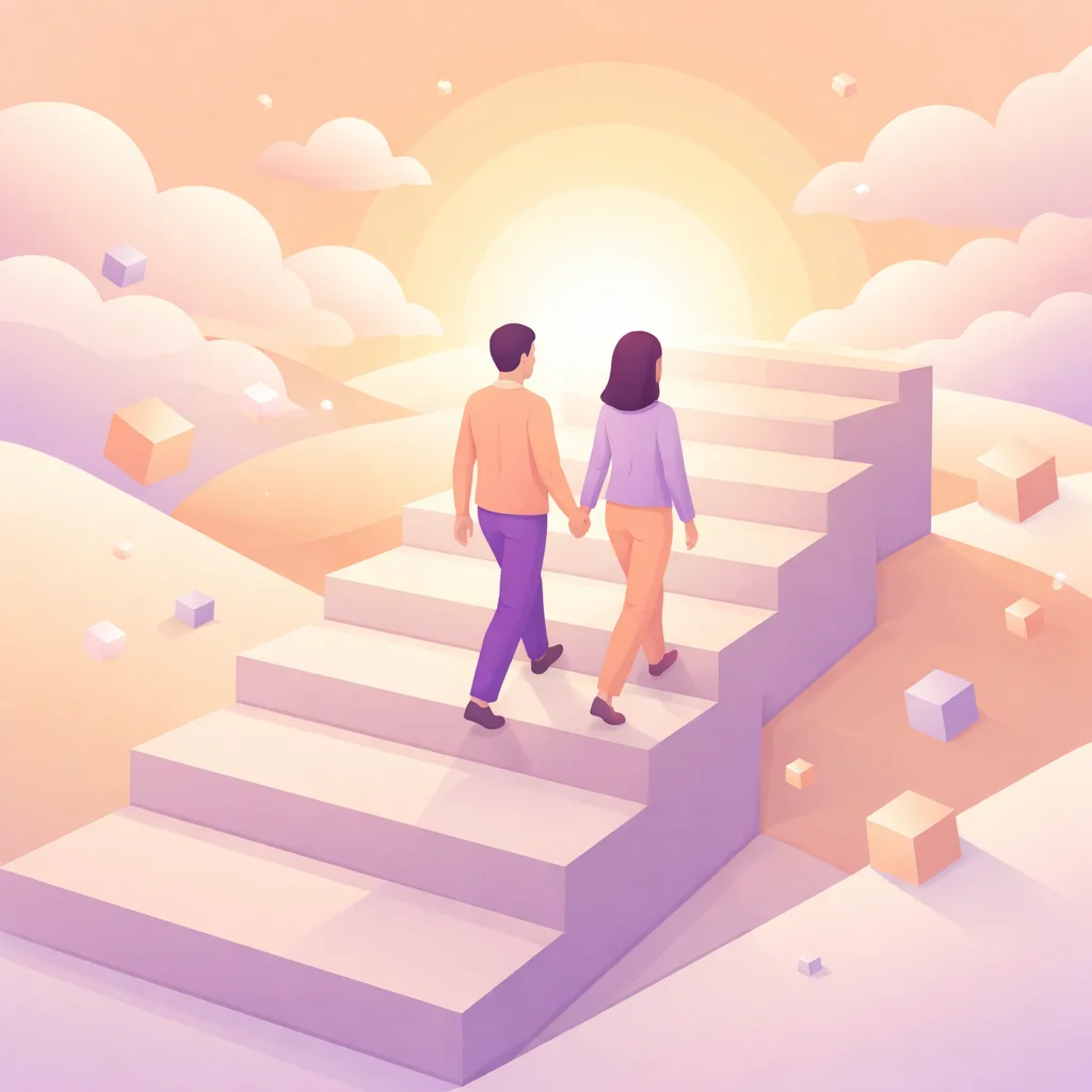 Two figures walking up geometric stairs toward a warm horizon together, isometric illustration