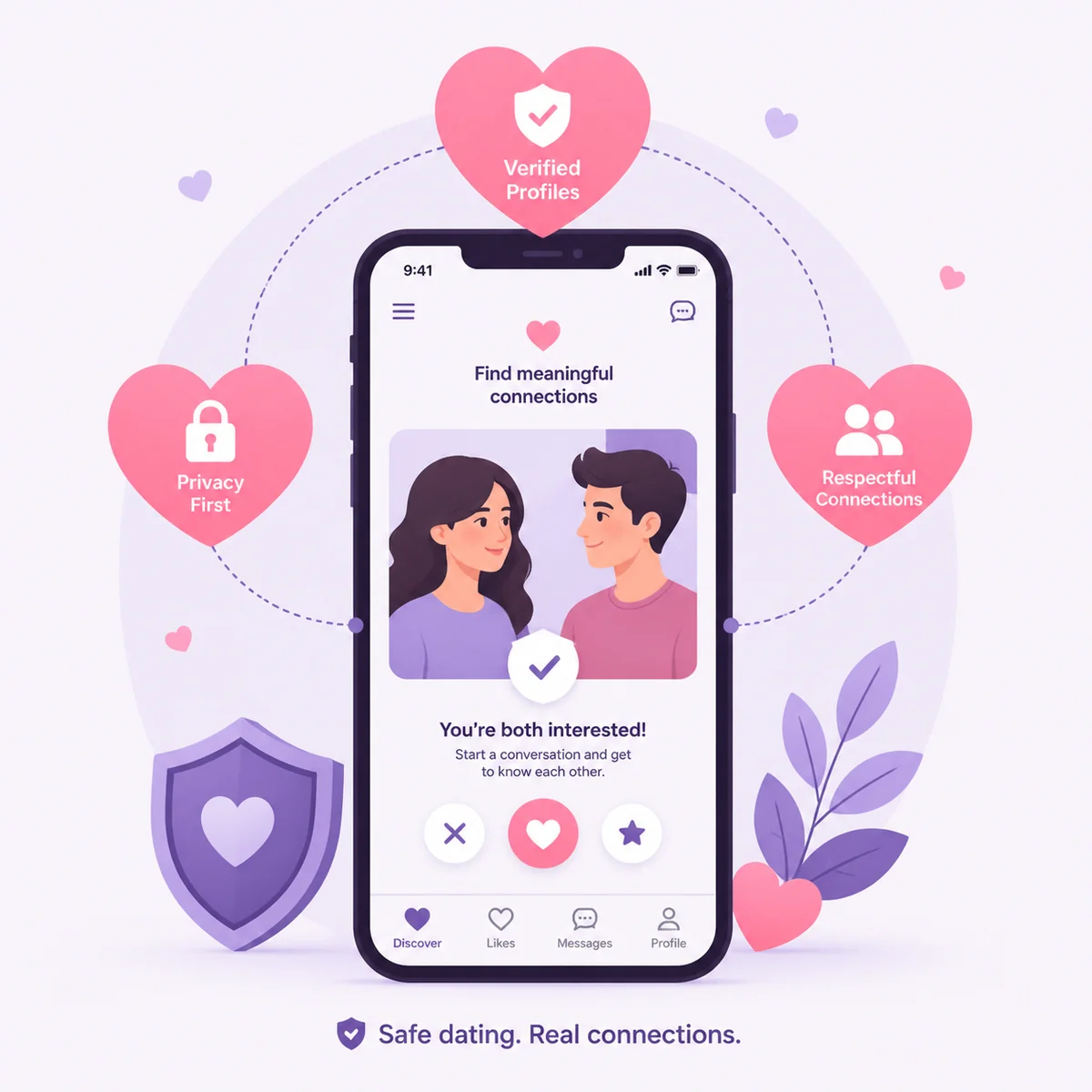Smartphone showing threesome dating app with safety features