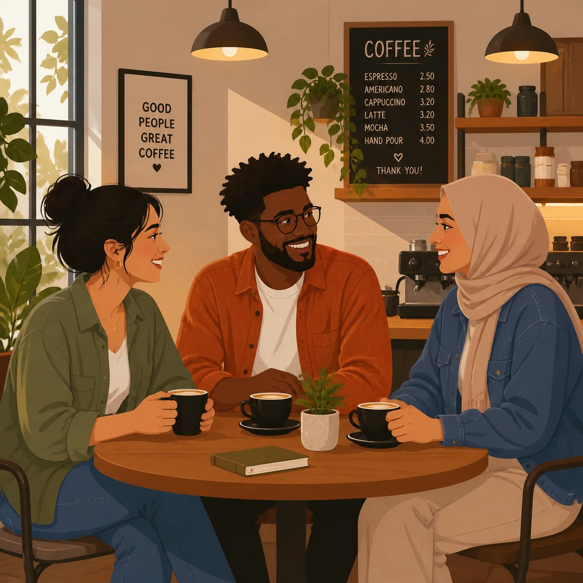 Three people having a casual first meeting at a cafe