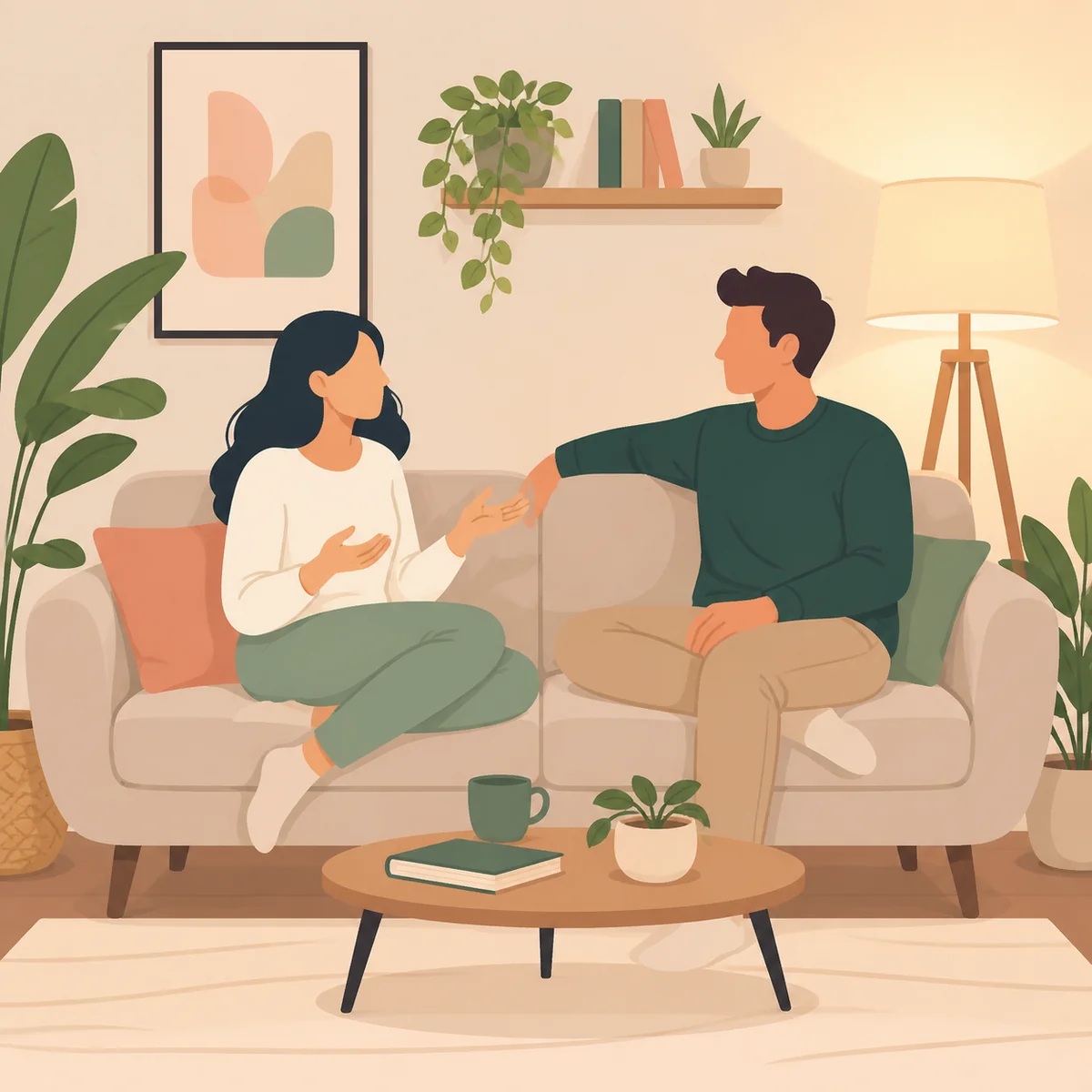Two people sitting comfortably talking with open body language in a living room