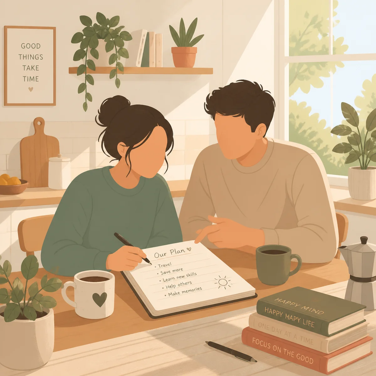 Two people looking at a notebook together, planning thoughtfully rather than rushing