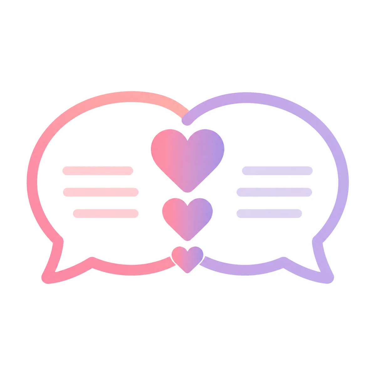 Two speech bubbles with heart shapes connecting them, representing open communication