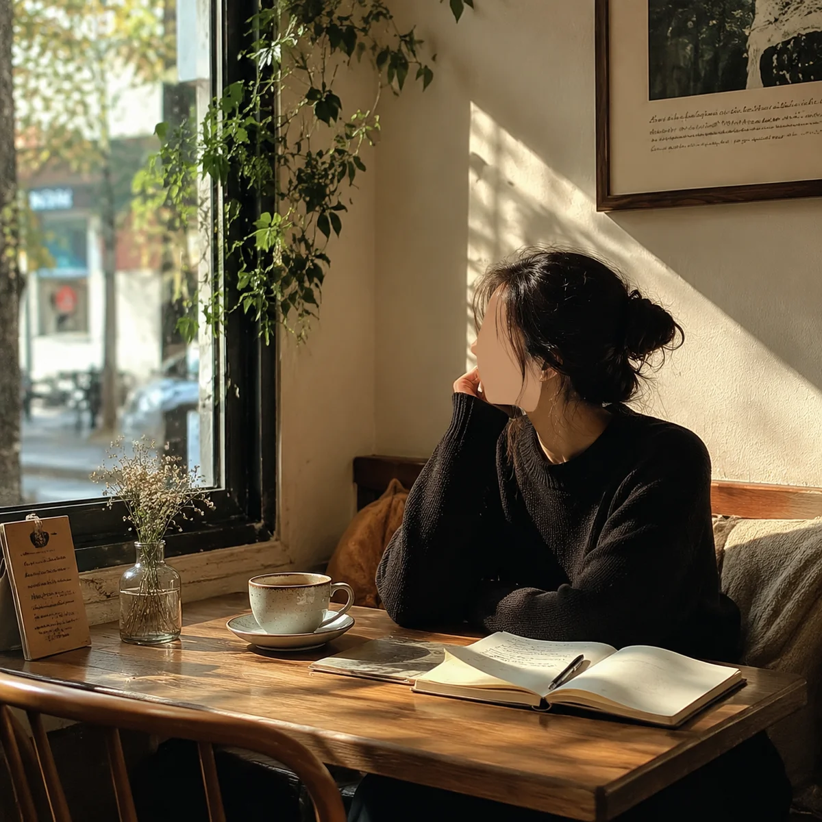 Person sitting alone in sunlit cafe corner in thoughtful contemplation