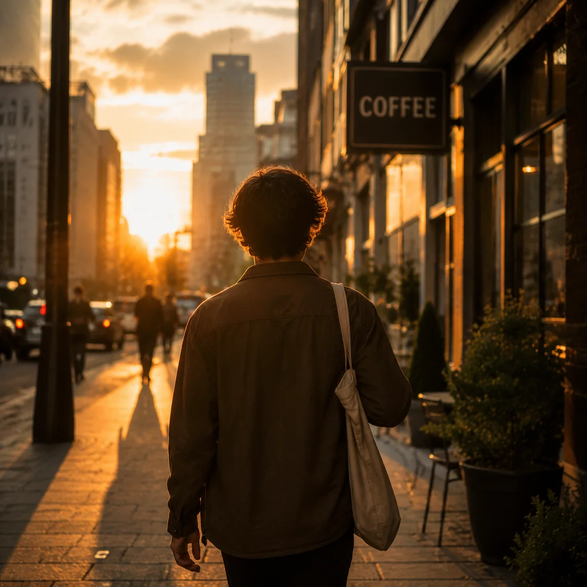 Person walking confidently along city street during golden hour