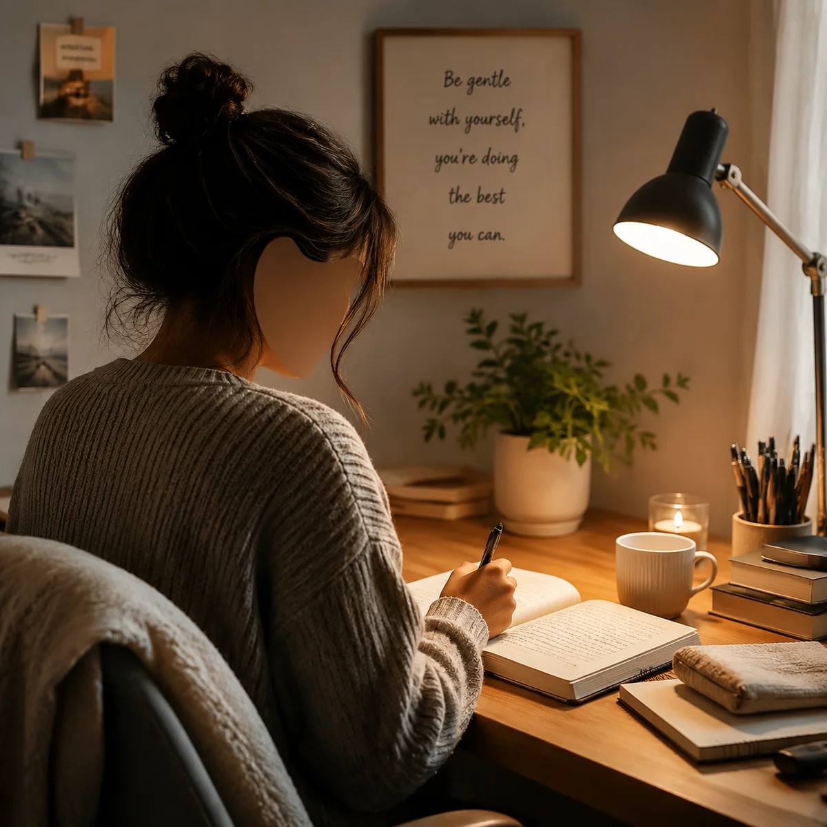 Person writing thoughtfully in journal at home desk with soft lamp light