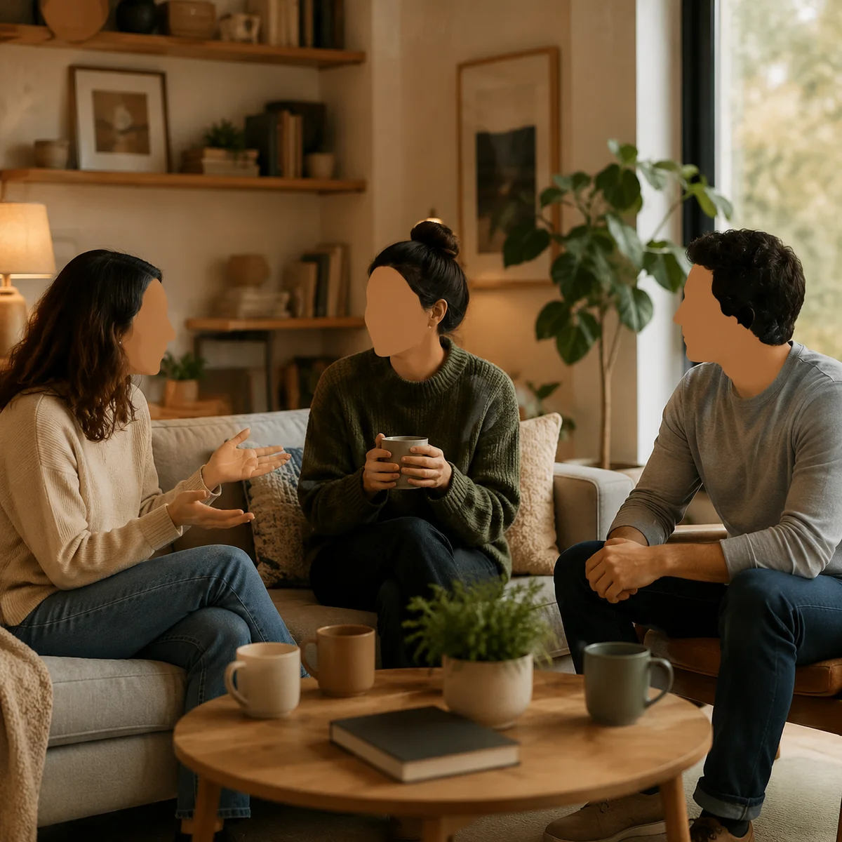 Three people having open conversation in comfortable living room