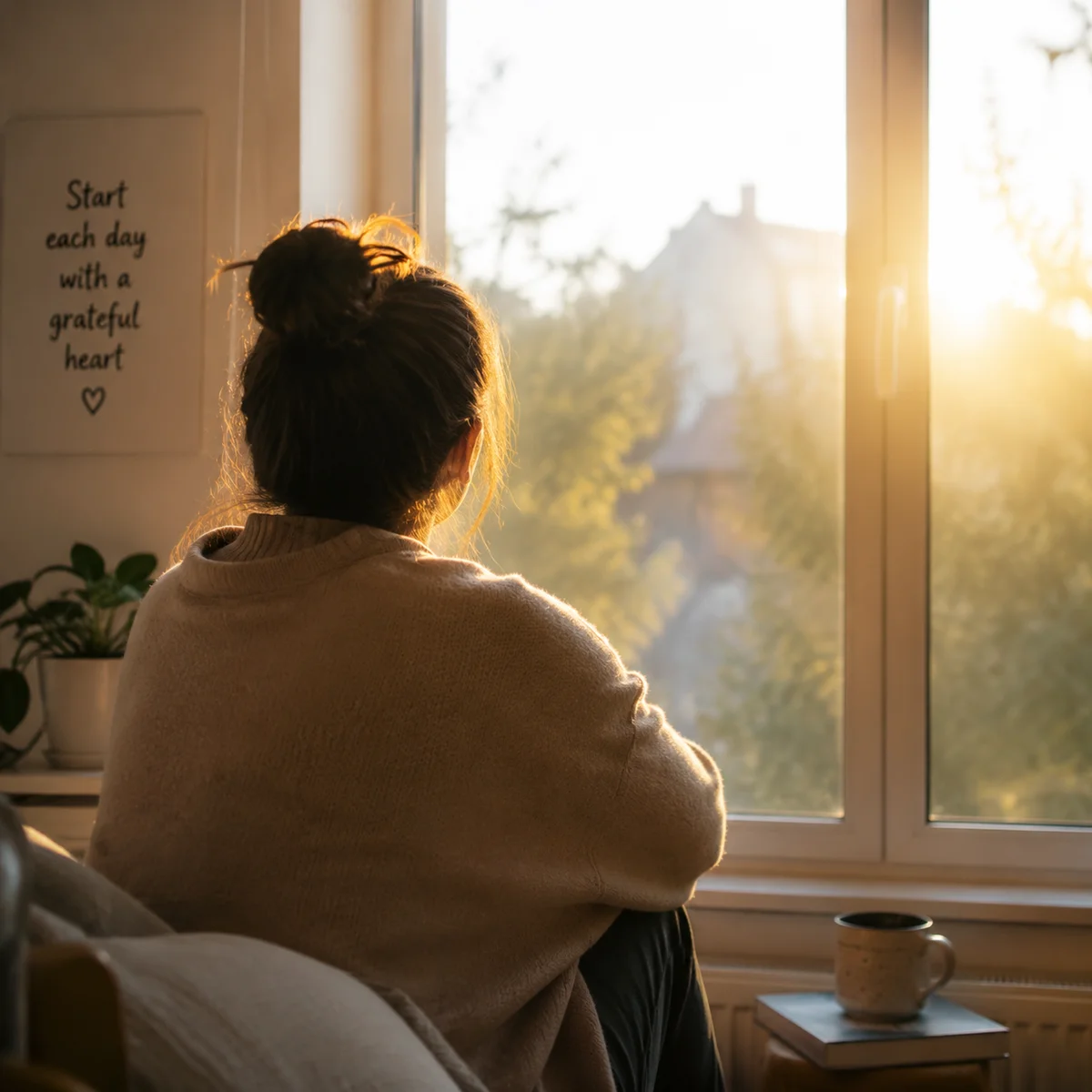 Person looking out window with morning sunlight hopeful and reflective