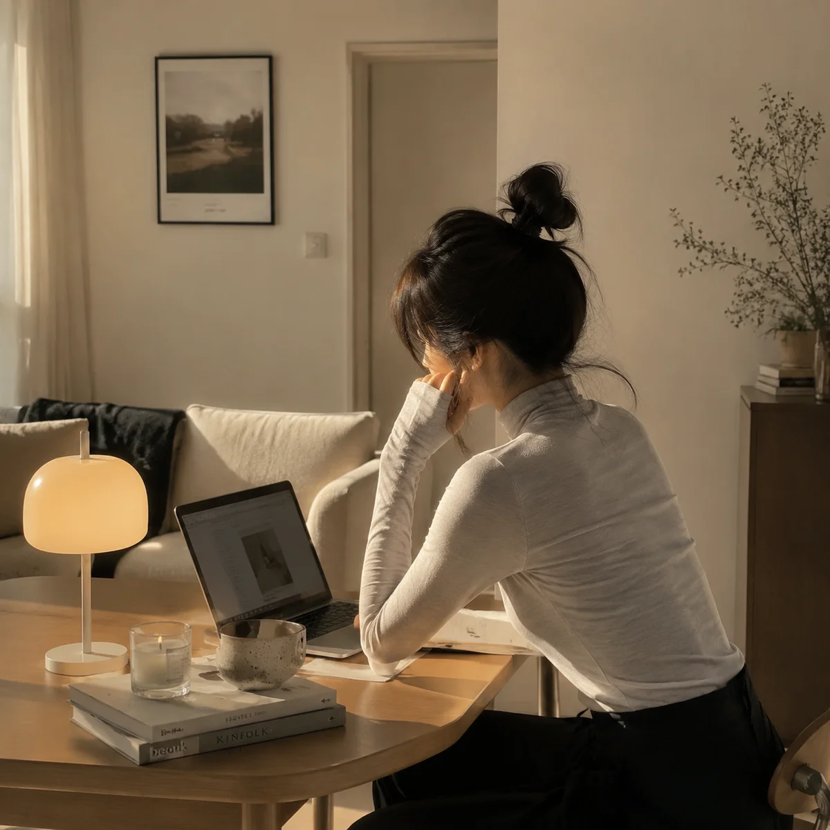 Person at laptop in cozy apartment researching and planning