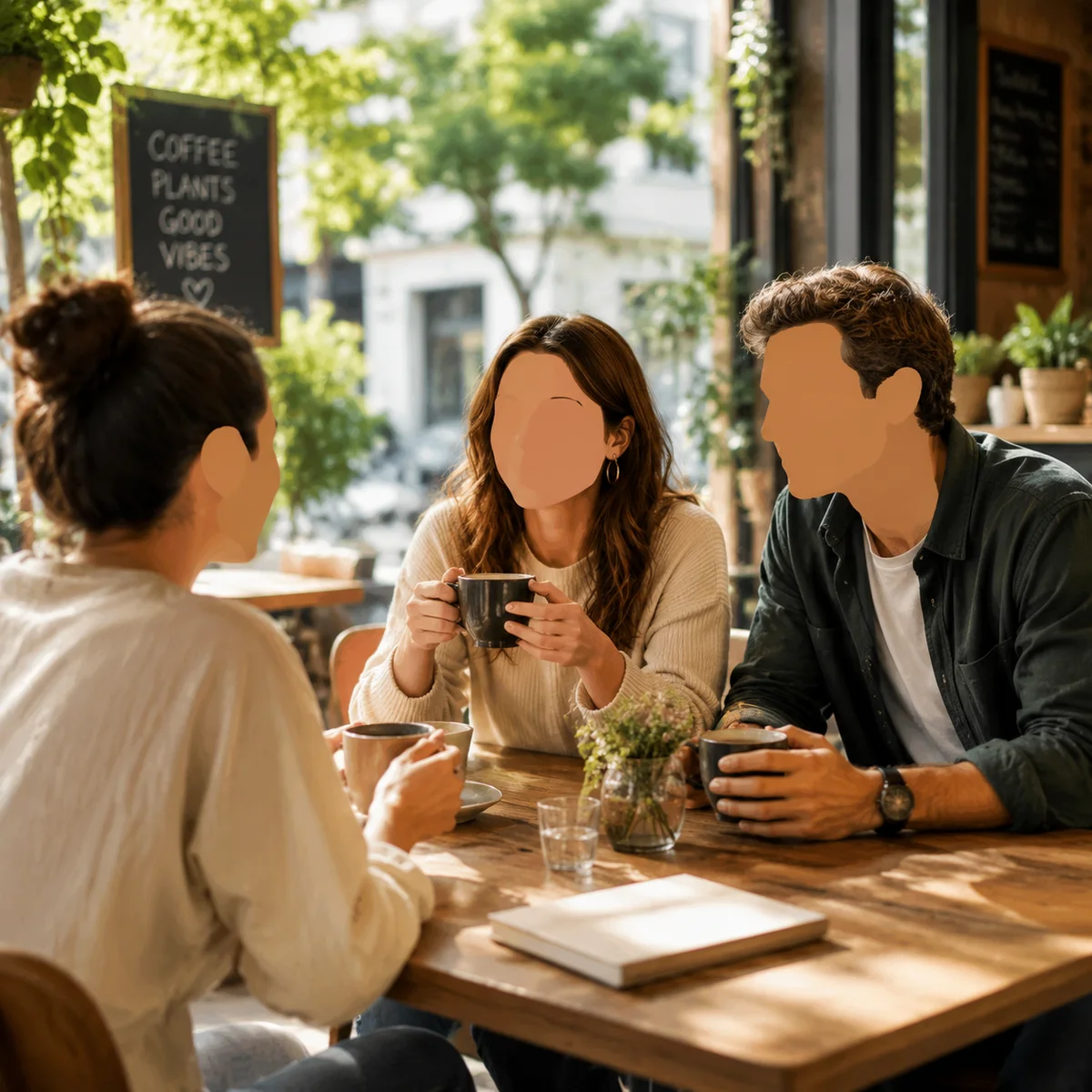 Person having coffee with couple at sunny cafe table