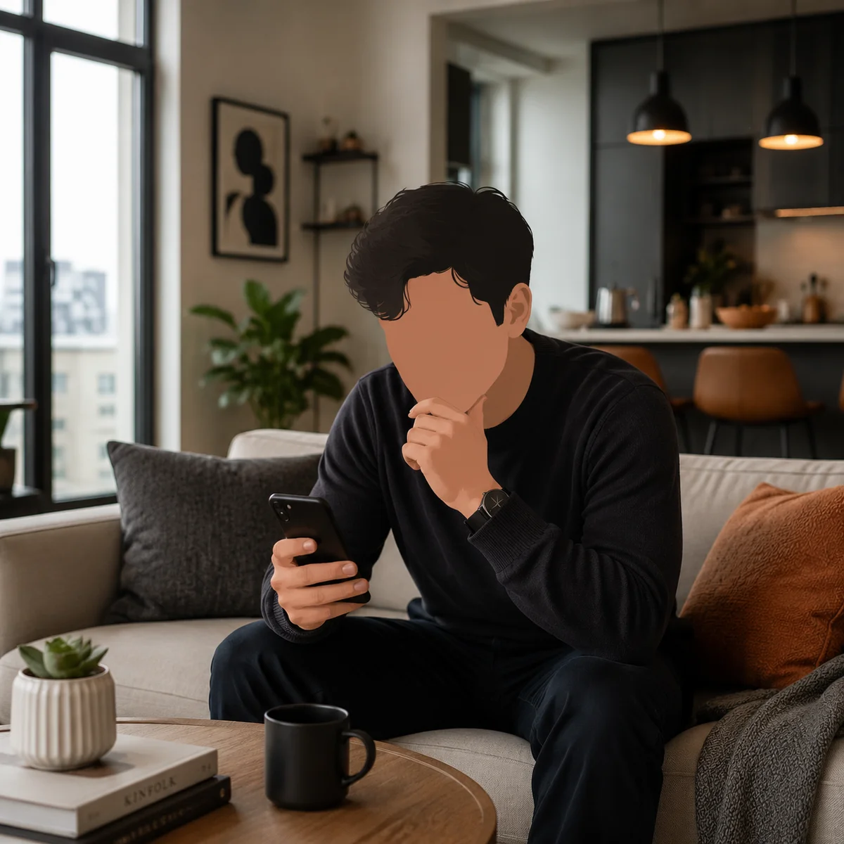 Person checking phone thoughtfully in modern apartment