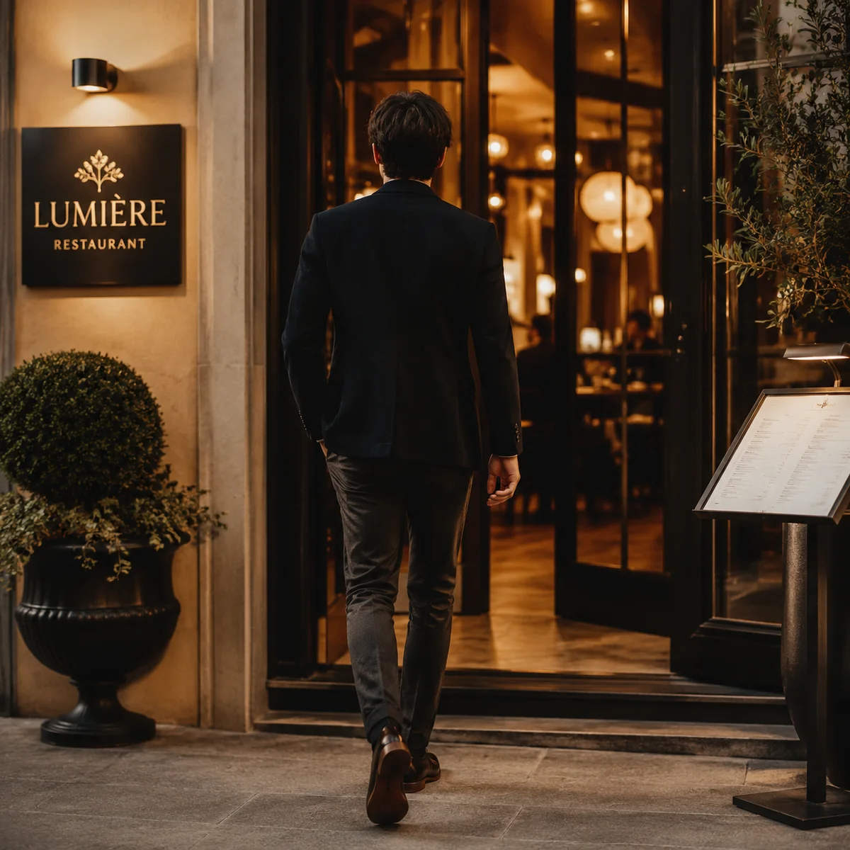 Person walking into restaurant entrance with confidence