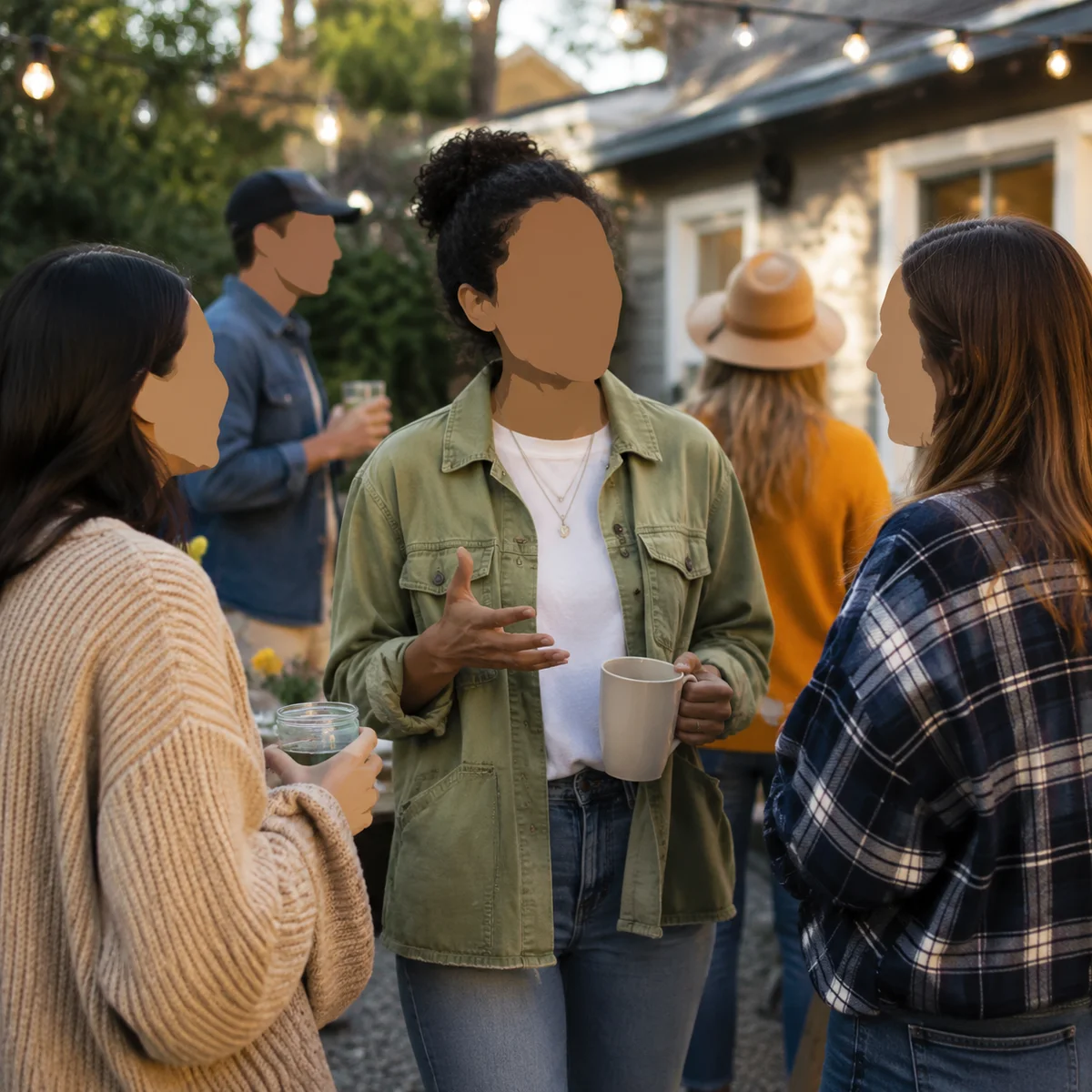 Person talking with friends at casual outdoor gathering
