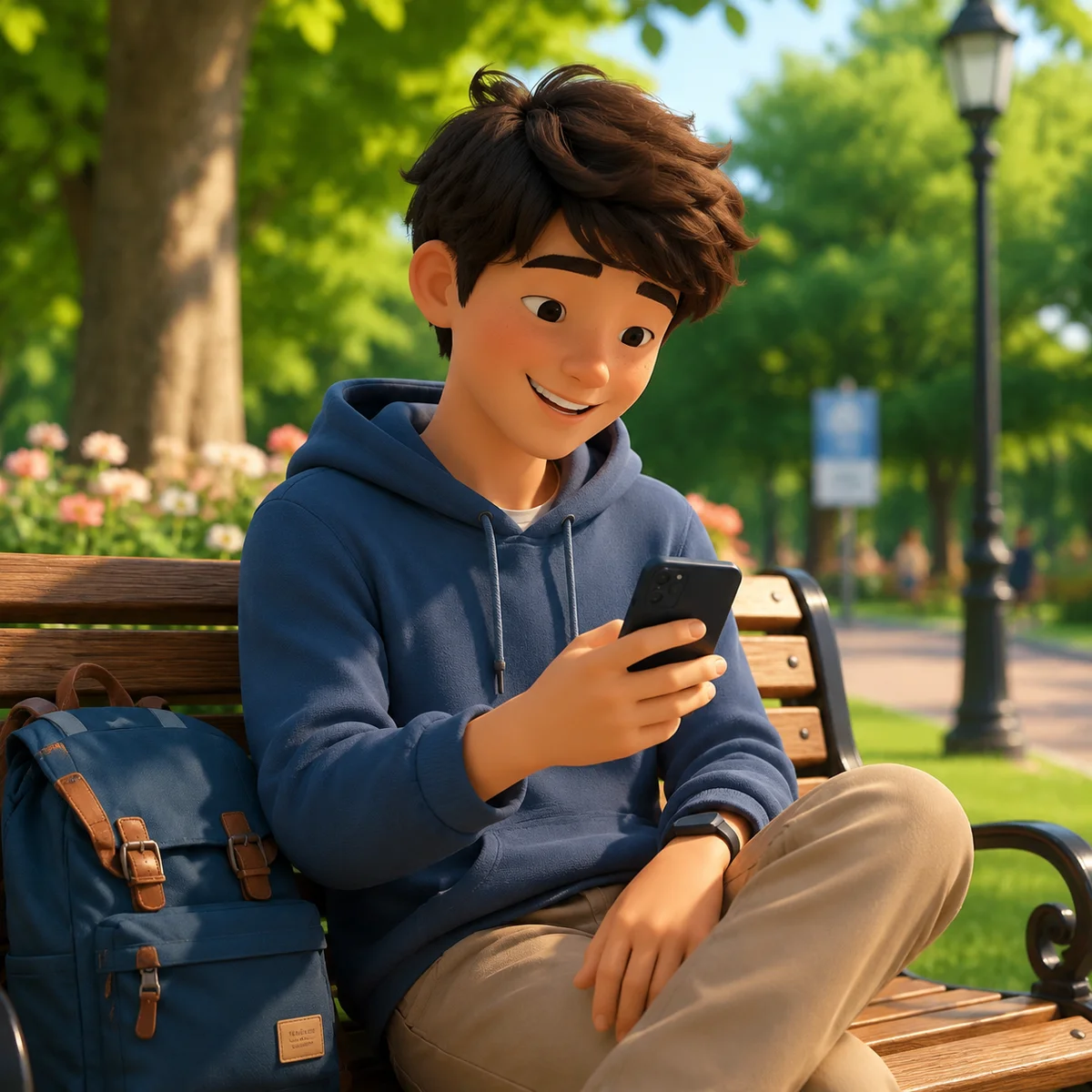 Person smiling while looking at phone on park bench
