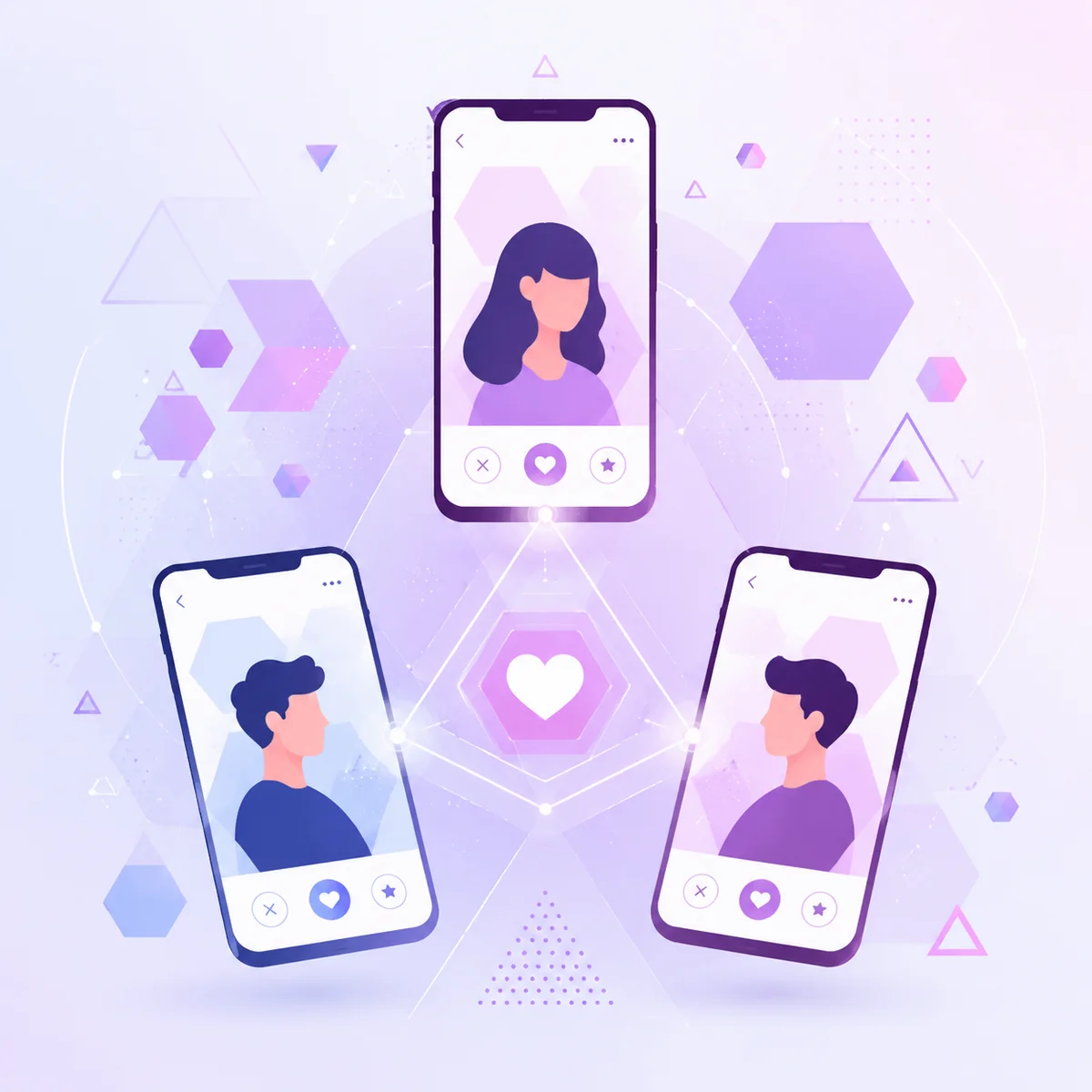 Abstract geometric pattern of three connected smartphones with app icons in a triangular composition