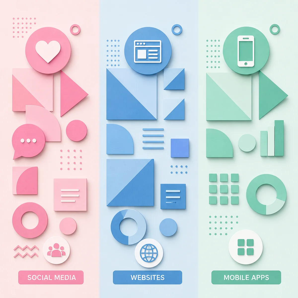 Geometric pattern showing three vertical columns of different pastel-colored patterns representing platform categories
