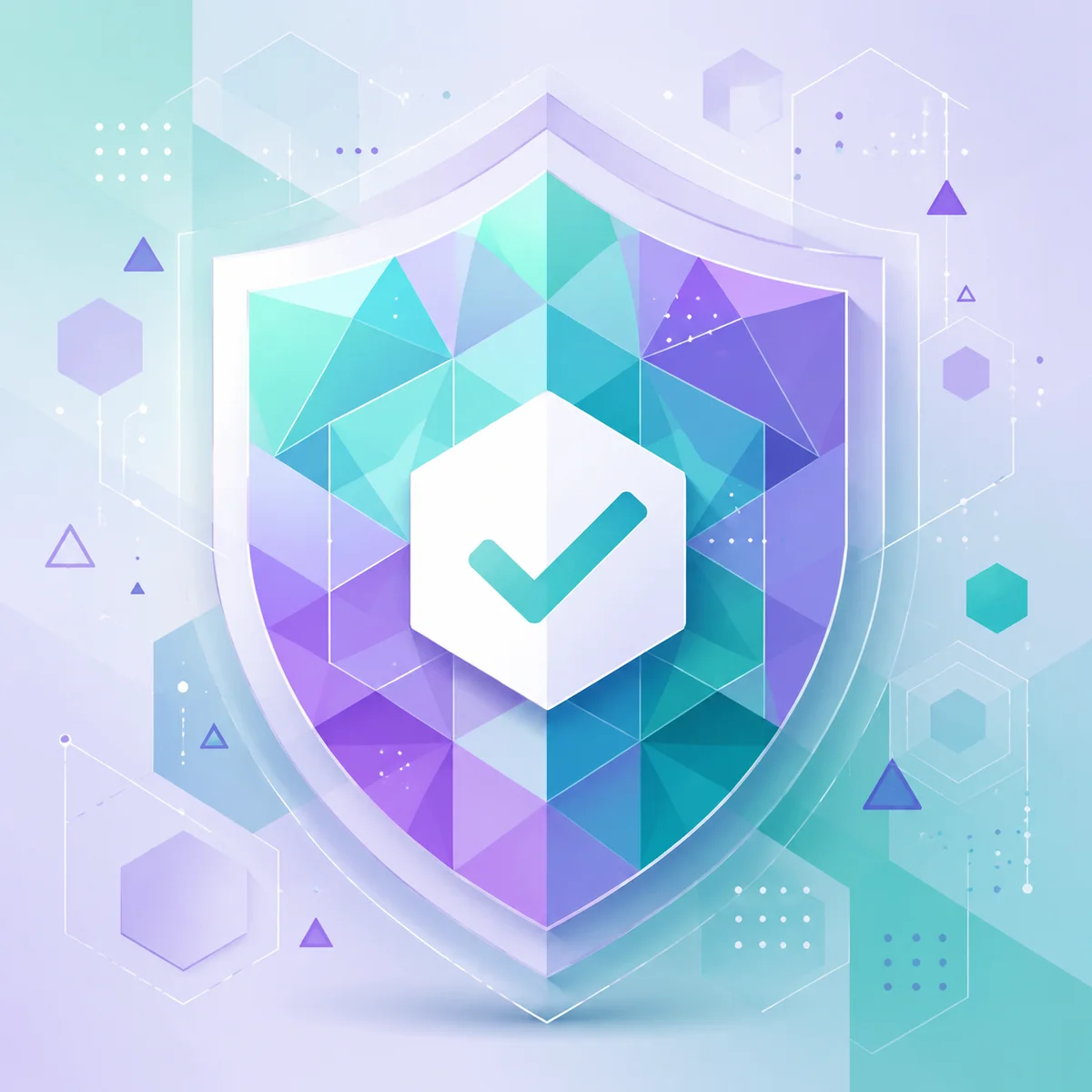 Geometric shield made of overlapping triangles and hexagons with soft teal and lavender safety concept