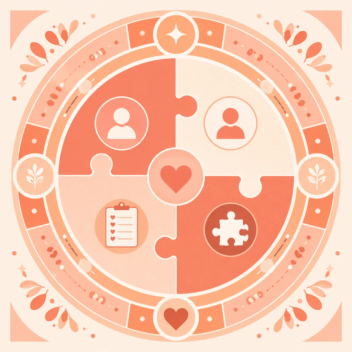 Geometric puzzle pieces forming a circular mandala, representing profile creation and compatibility matching
