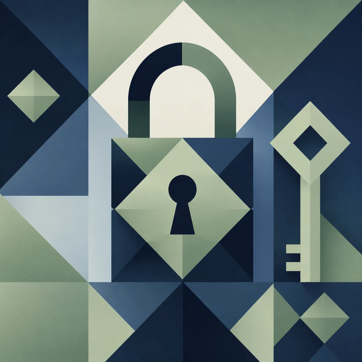 Geometric lock and key pattern formed by interconnected triangles and diamonds, privacy and safety concept