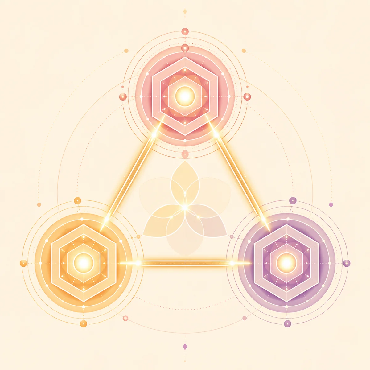 Three interconnected geometric nodes forming a balanced equilateral triangle with concentric circles in pastel gradients