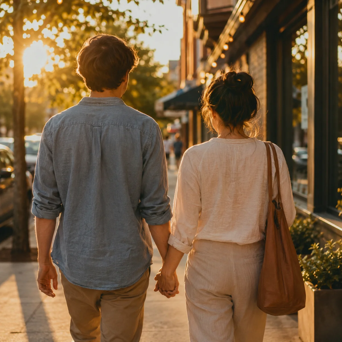 Couple walking hand in hand at golden hour, representing a connected bisexual couple exploring together
