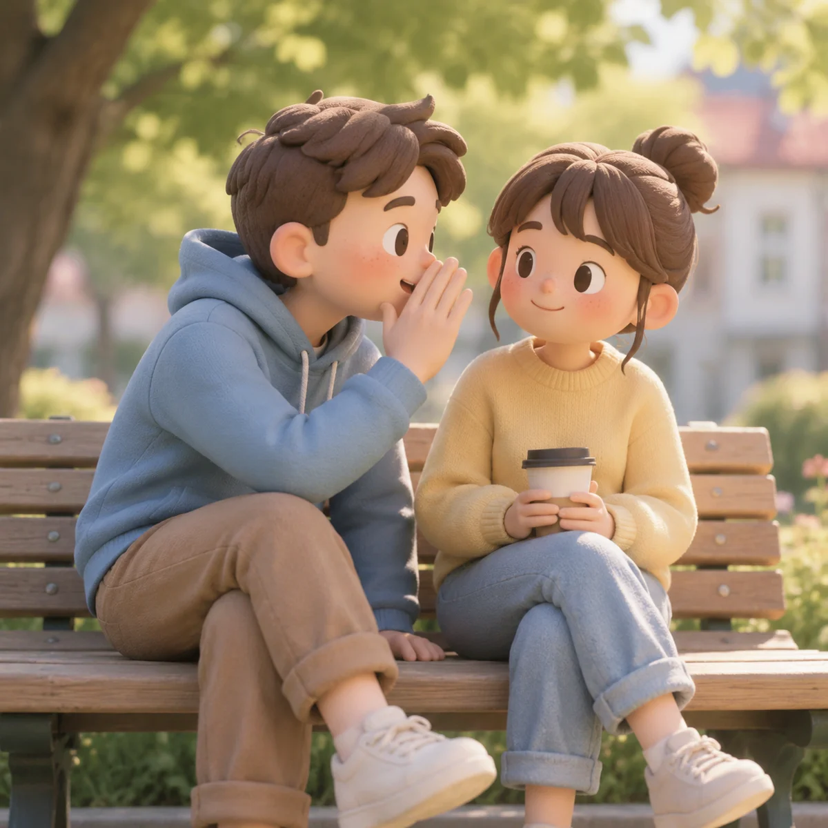 Two people having a relaxed conversation on a park bench, representing open communication between partners