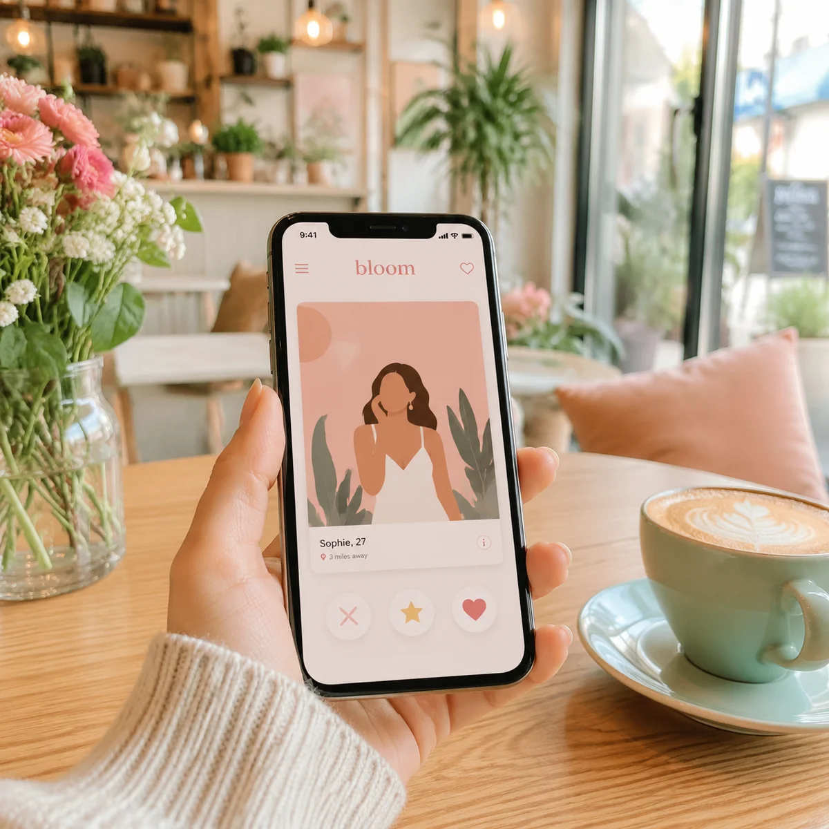Smartphone showing a dating app interface, held at a bright café, representing mindful profile creation
