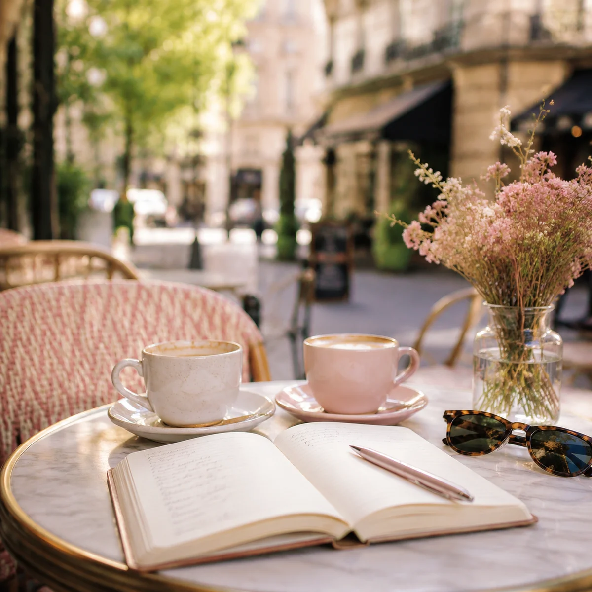 Two coffee cups and a notebook on an outdoor café table, city backdrop, representing intentional dating conversations