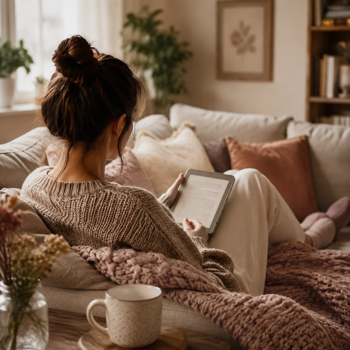 Person relaxing on a cozy couch with a tablet, warm domestic setting, representing thoughtful preparation