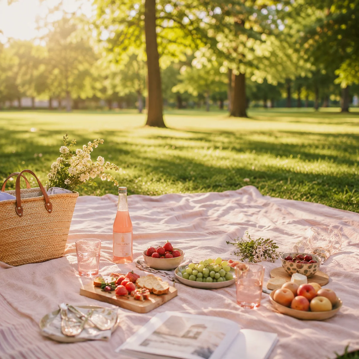 Picnic blanket on green grass in a sunny park with snacks laid out, inviting outdoor gathering space