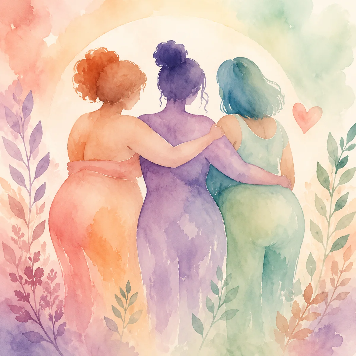 Three abstract silhouettes of different body shapes in warm watercolor embrace, celebrating body diversity