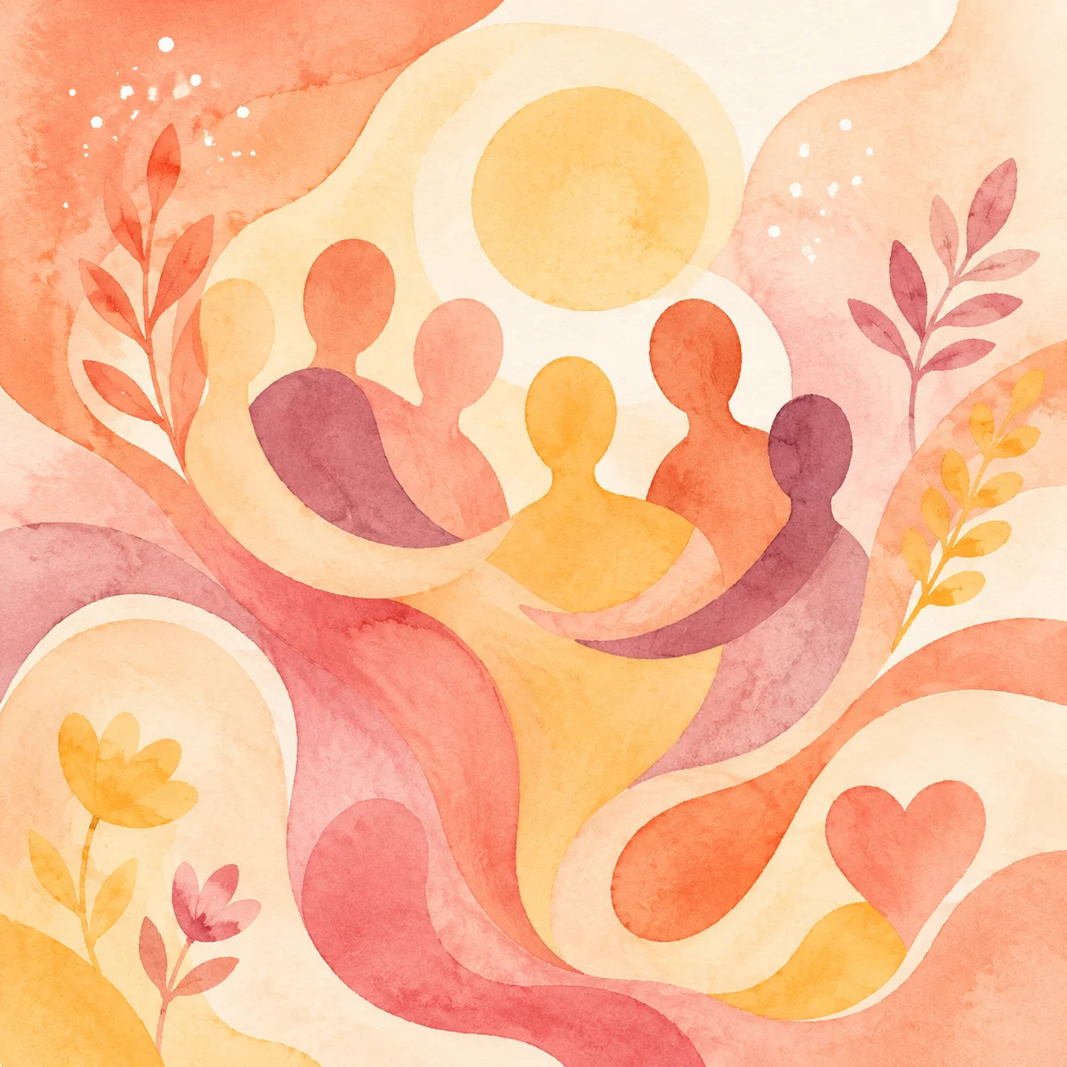 Abstract watercolor shapes in warm tones blending together, representing diverse bodies