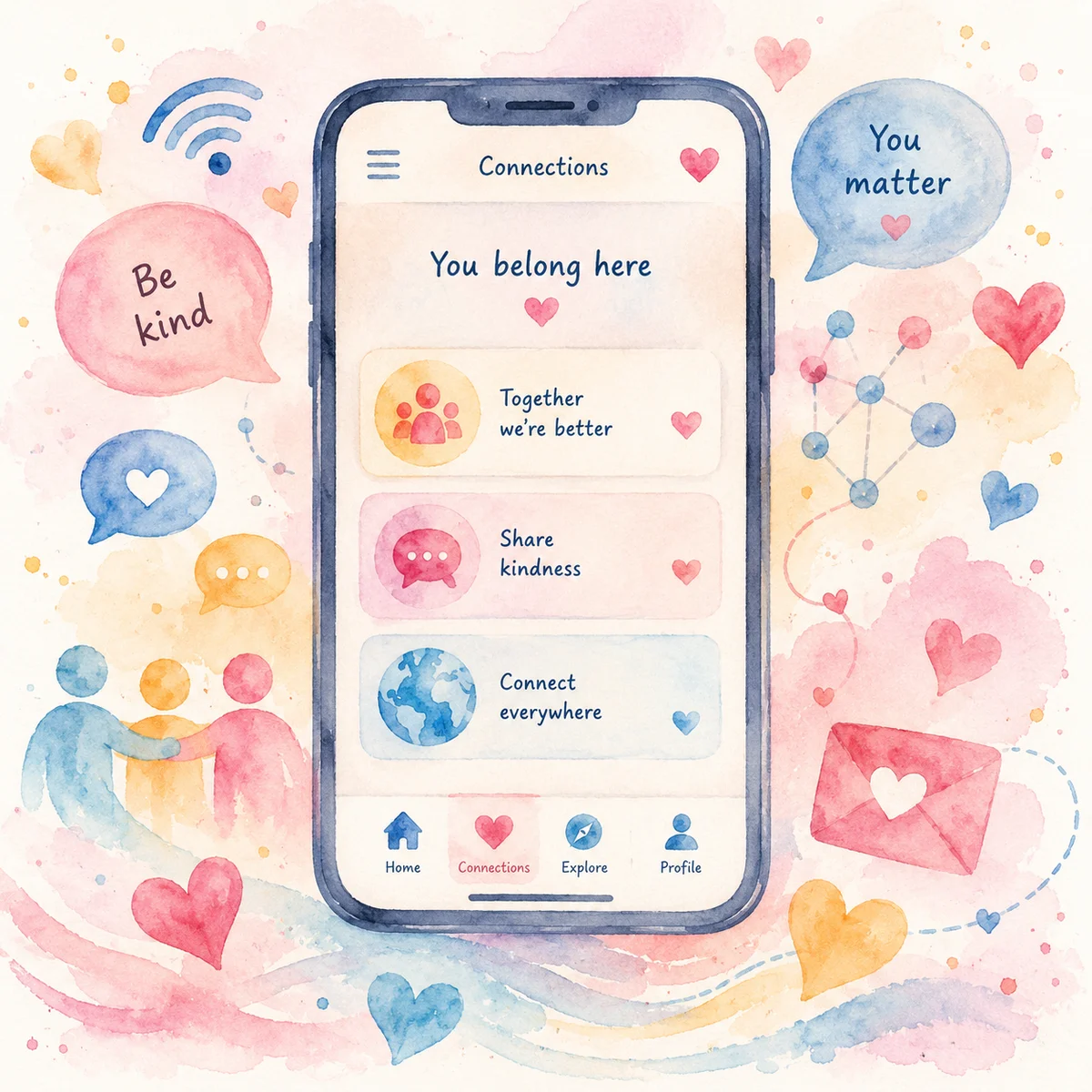 Smartphone with soft watercolor hearts and connection icons, welcoming dating platform