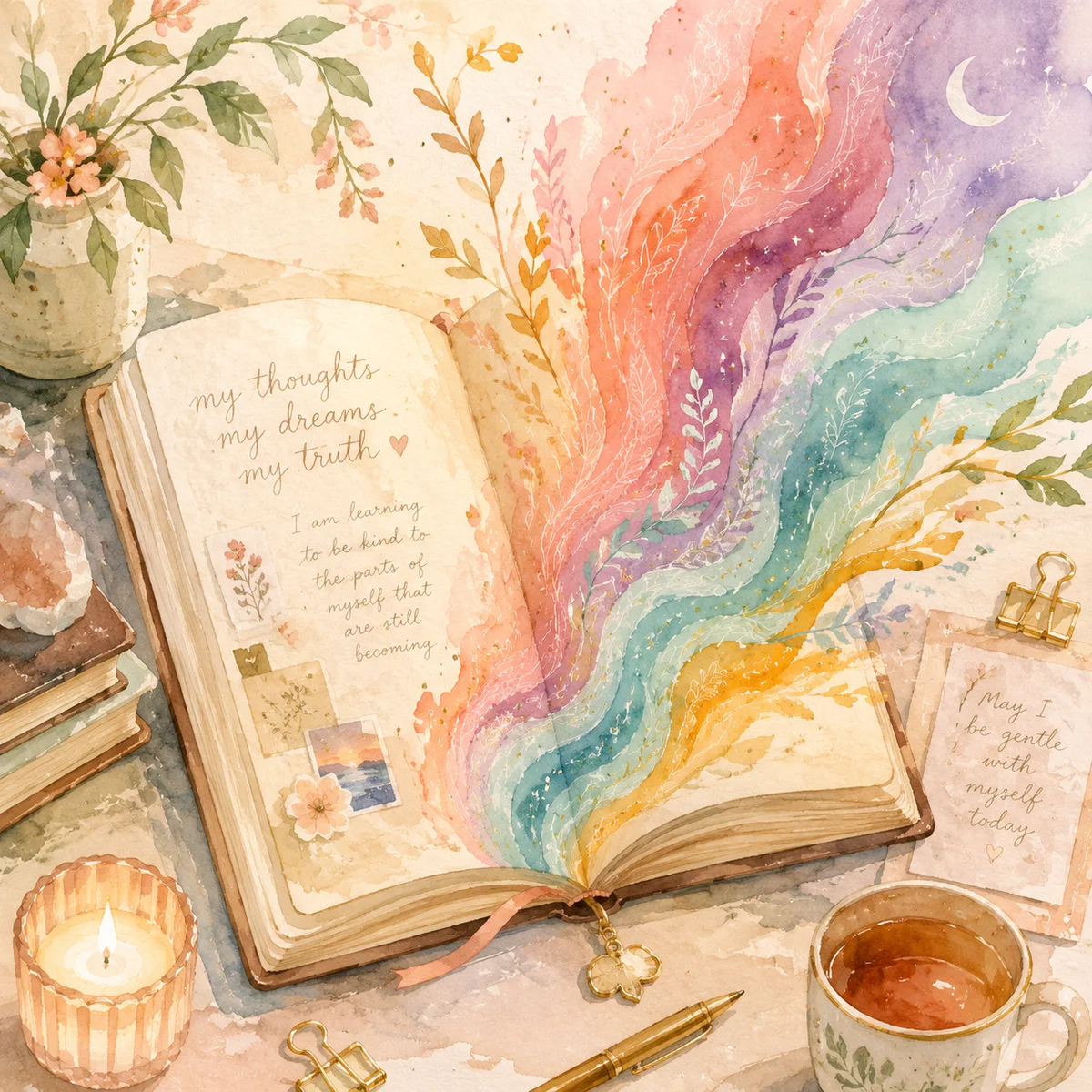 Journal with flowing watercolor brush strokes in rainbow hues, creative self-expression